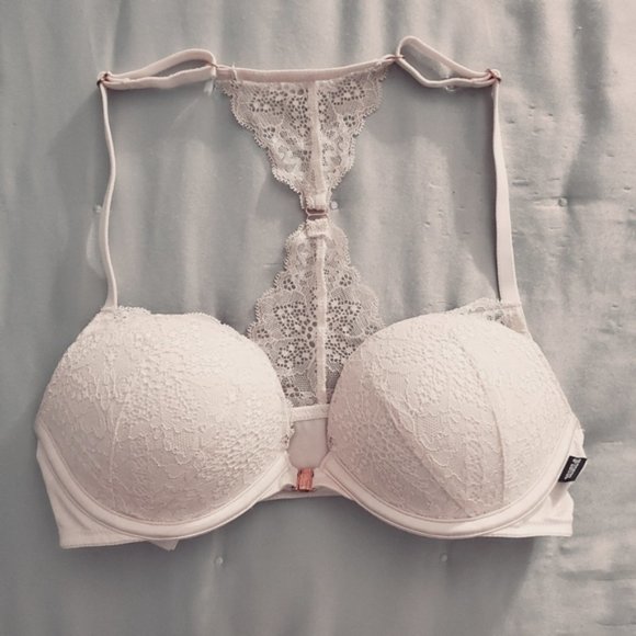 Victoria's Secret Pink- Cream Lace Razerback Bra with front snap 32C - Picture 1 of 7